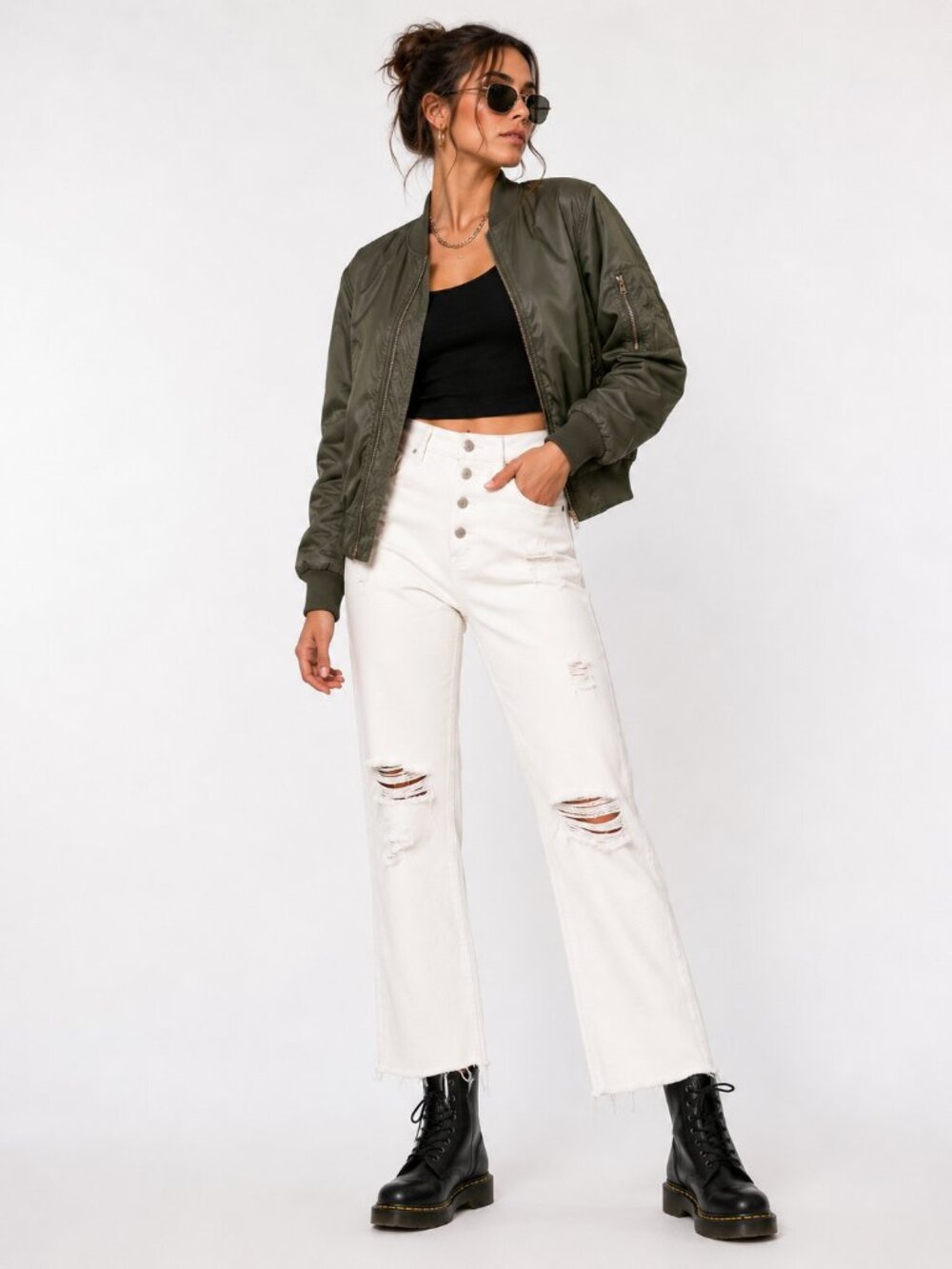 MOUSSY Vintage White Distressed Straight Leg Jeans Button Fly Japan Size 26